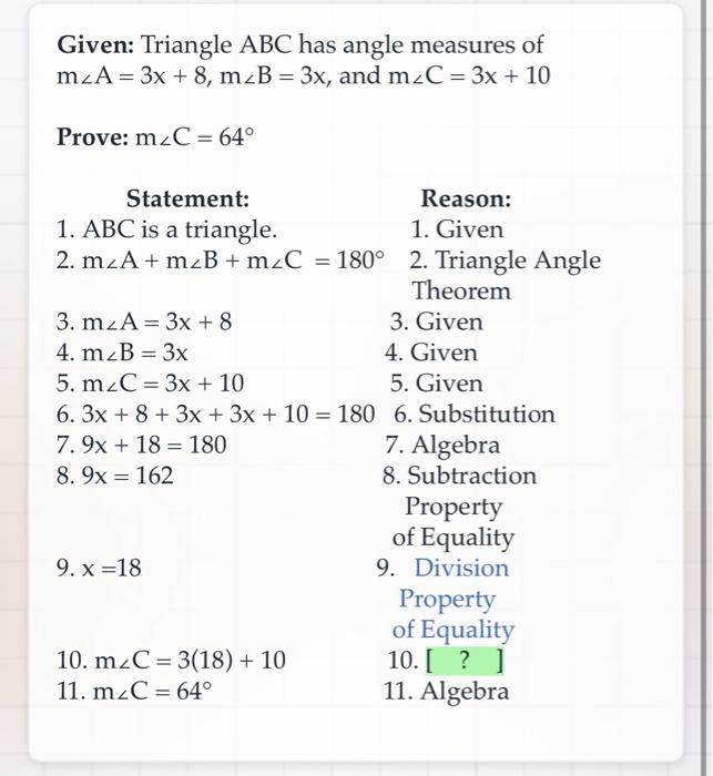 Solved Given: Triangle ABC has angle measures of m∠A=3x+8, | Chegg.com