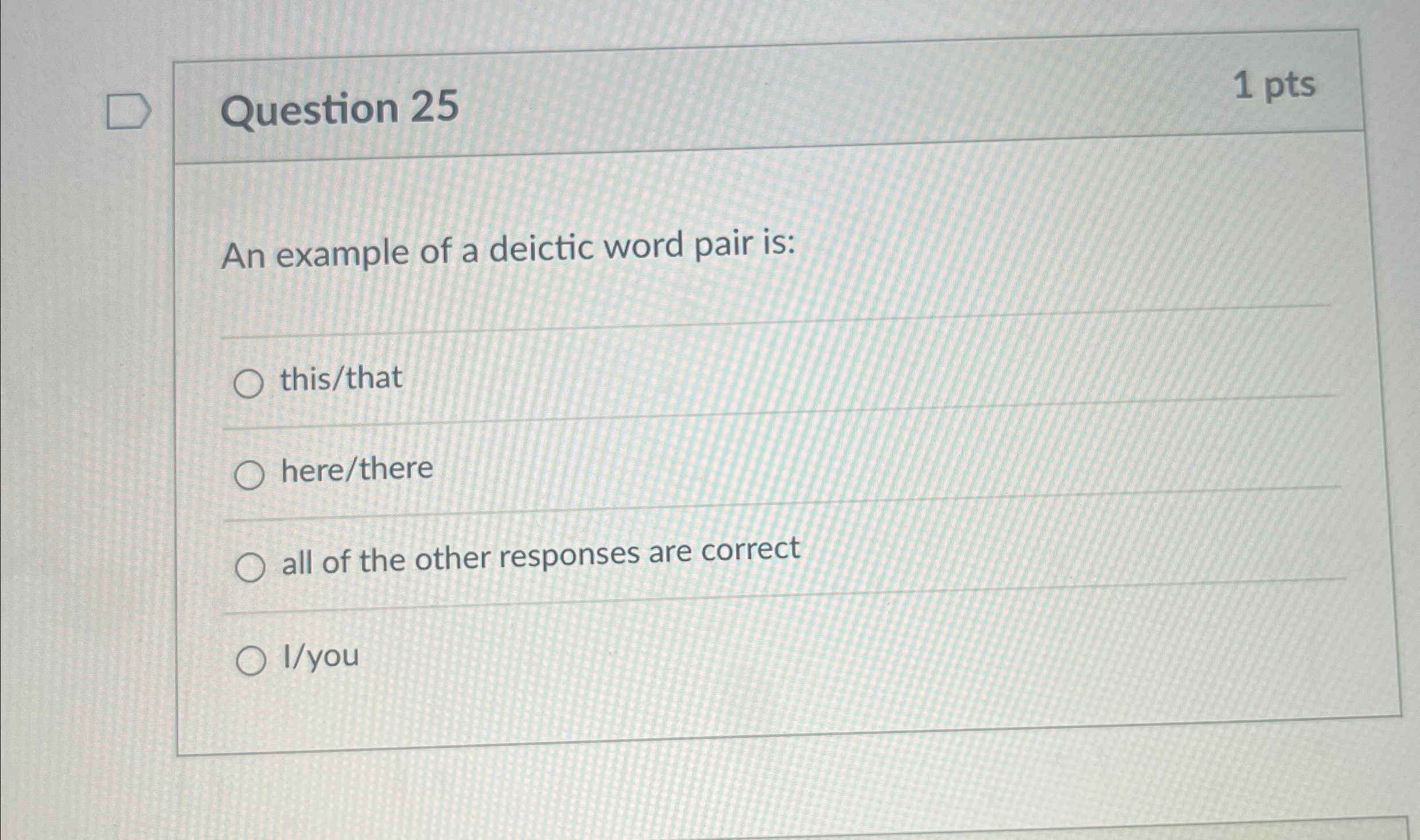Solved Question 251ptsAn example of a deictic word pair | Chegg.com