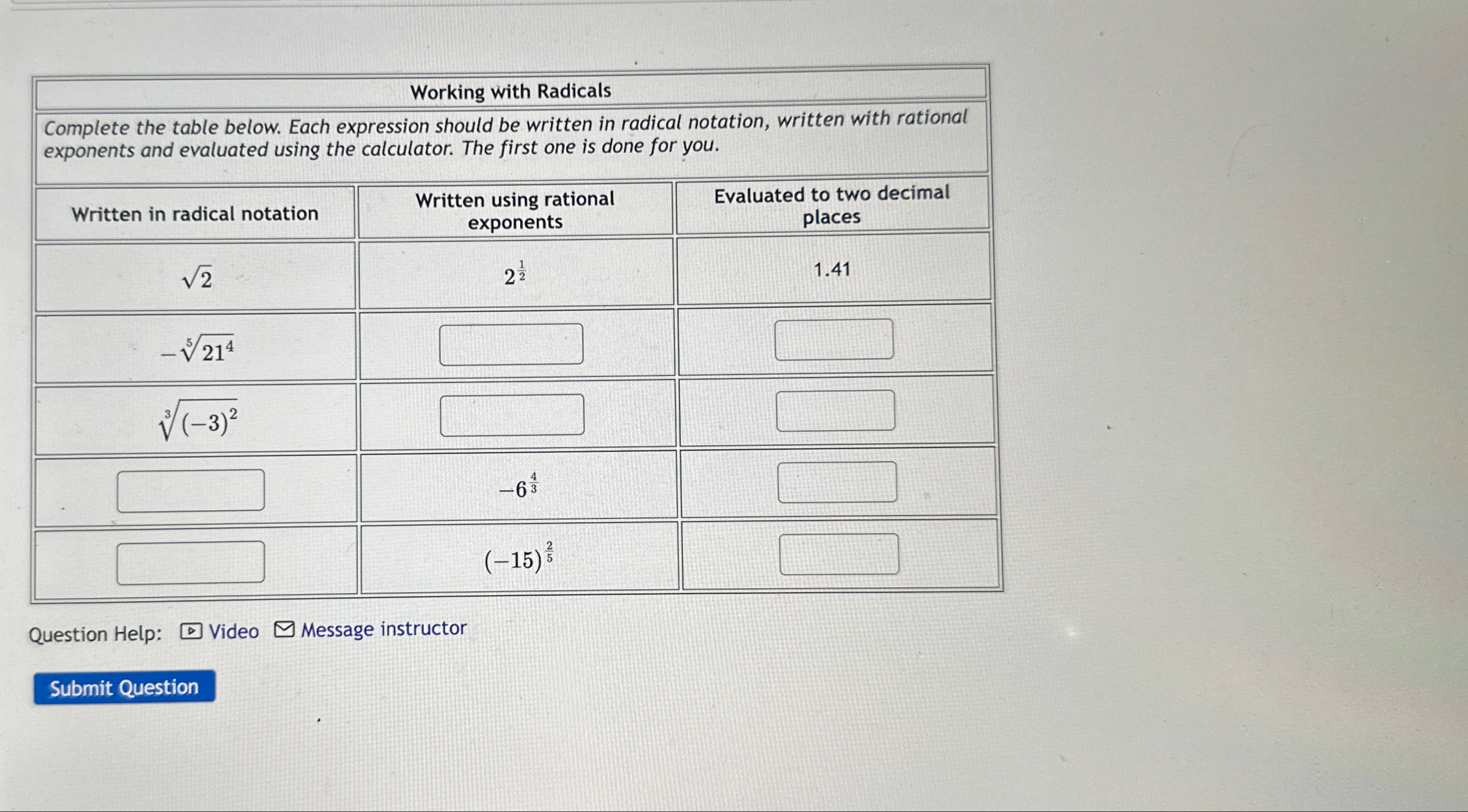 Solved Working with RadicalsComplete the table below. Each | Chegg.com