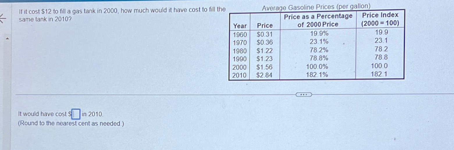 Solved If it cost 12 ﻿to fill a gas tank in 2000 , ﻿how