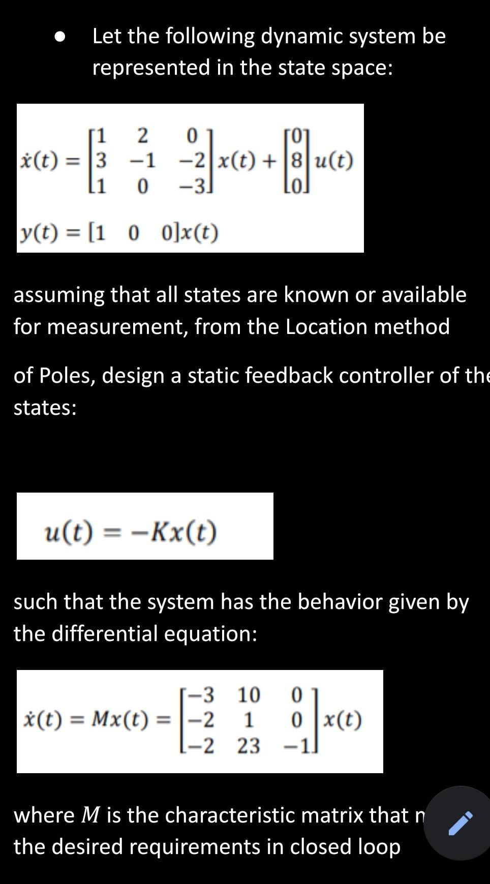 Solved Let the following dynamic system be represented in | Chegg.com