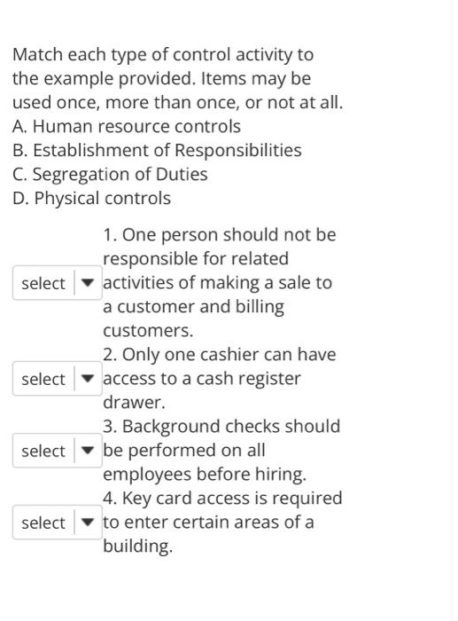 Solved Match each type of control activity to the example | Chegg.com