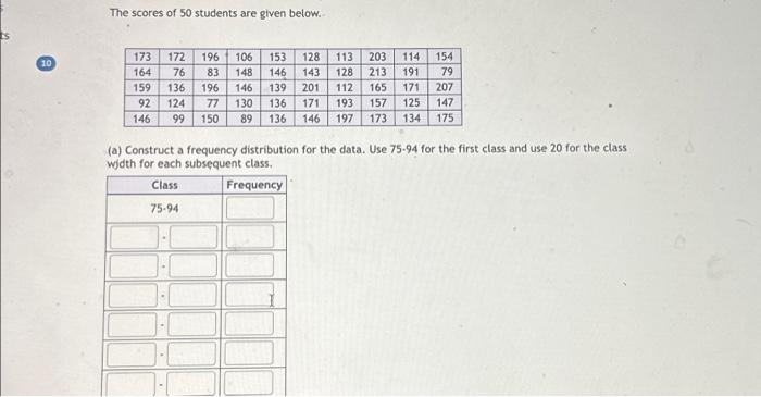 Solved 10 The scores of 50 students are given below.. 164 | Chegg.com