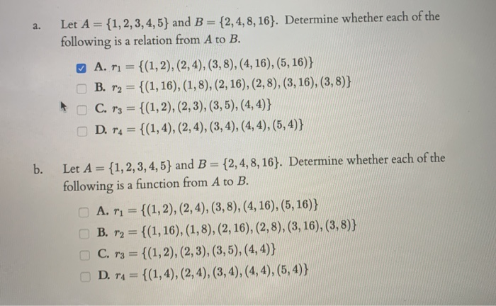 A Let A 1 2 3 4 5 And B 2 4 8 16 Determine Chegg Com