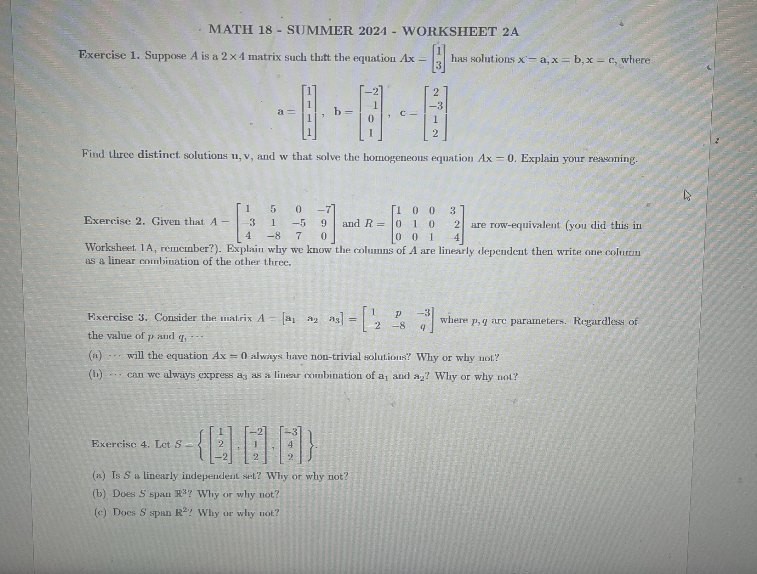 Solved MATH 18 - ﻿SUMMER 2024 - ﻿WORKSHEET 2AExercise 1. | Chegg.com