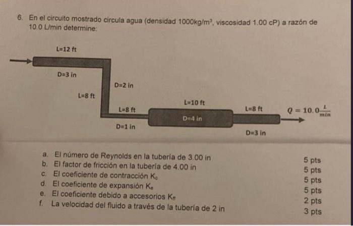 6. En el circuito mostrado circula agua (densidad \( 1000 \mathrm{~kg} / \mathrm{m}^{2} \), viscosidad \( 1.00 \mathrm{cP} \)