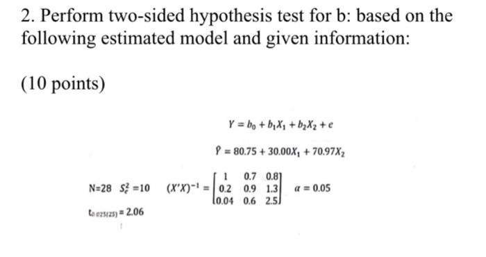 Solved 2. Perform Two-sided Hypothesis Test For B: Based On | Chegg.com