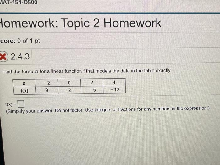 Solved MAT-154-0500 Homework: Topic 2 Homework core: 0 of 1 | Chegg.com