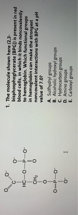 1. The molecule shown here \( (2,3 \) bisphosphoglycerate [BPG]) is present in red blood cells, in which it binds noncovalent