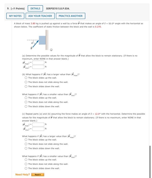 Solved SERPSE10 5.8.P.034. A Block Of Mass 3.80 Kg Is Pushed | Chegg.com