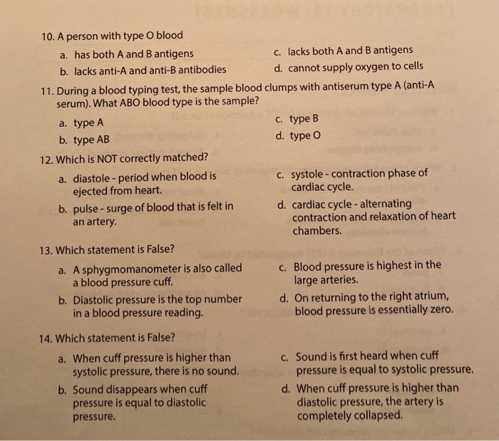 Solved 10. A person with type O blood a. has both A and B | Chegg.com