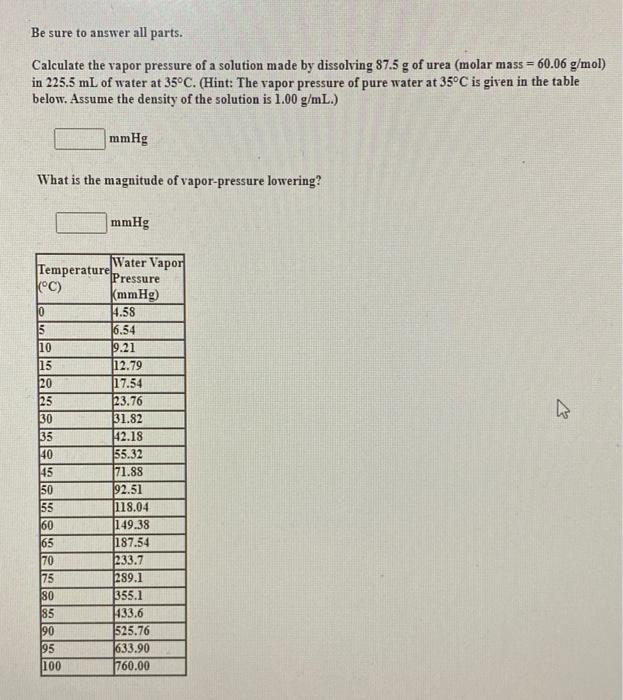 Solved Be Sure To Answer All Parts. Calculate The Vapor | Chegg.com