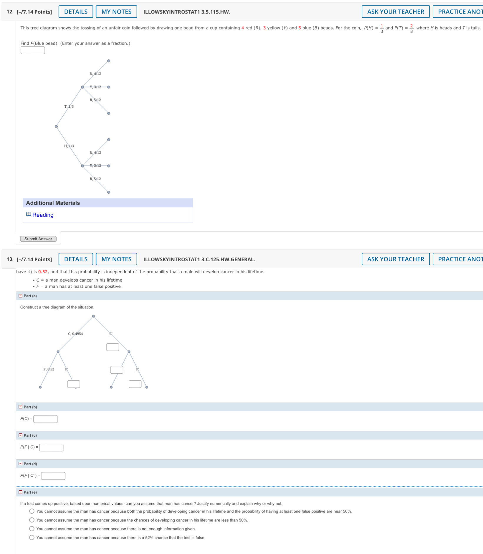 Solved This tree diagram shows the tossing of an unfair coin