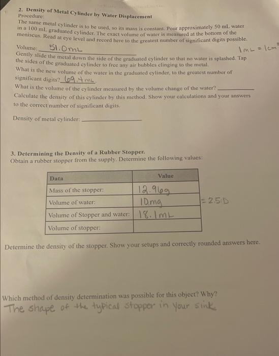 Solved 2. Density of Metal Cylinder by Water Displacement | Chegg.com