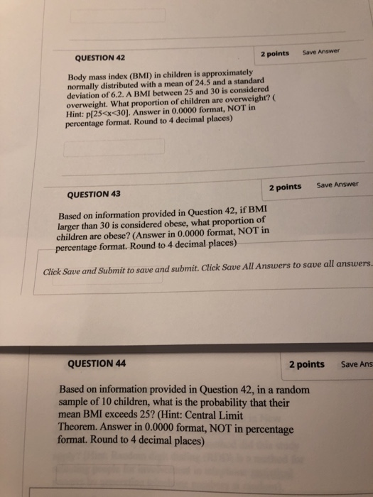 Solved QUESTION 42 2 points Save Answer Body mass index | Chegg.com