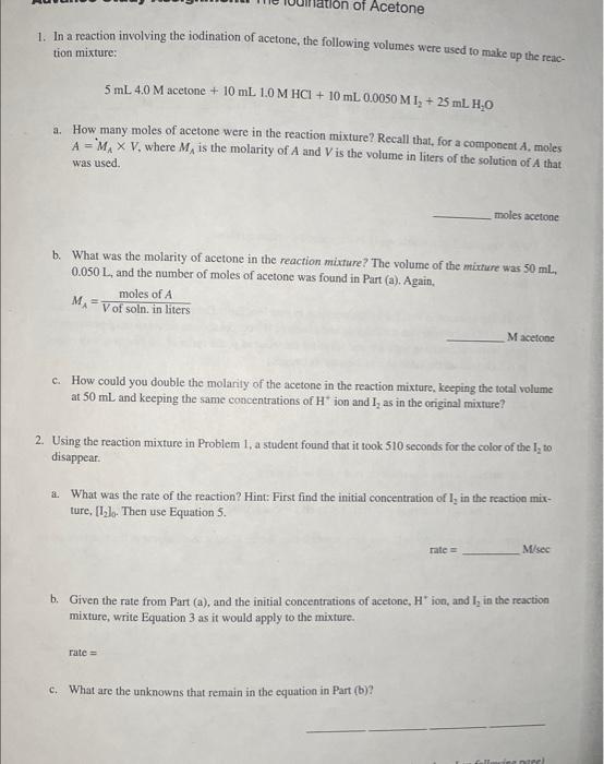 Solved Itlon of Acetone 1. In a reaction involving the | Chegg.com