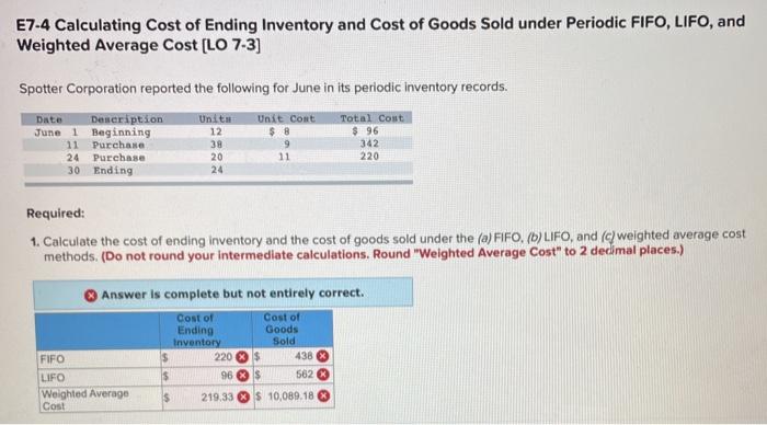 Solved E7 4 Calculating Cost Of Ending Inventory And Cost Of 9202