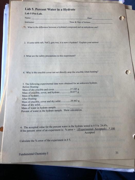 Solved Lab 5. Percent Water in a Hydrate Lab 5 PreLab.