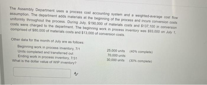Solved The Assembly Department uses a process cost | Chegg.com