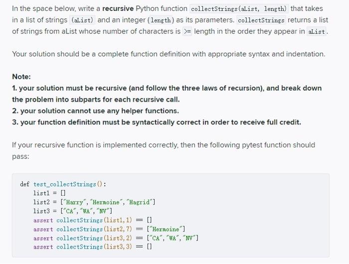 Solved In the space below, write a recursive Python function | Chegg.com