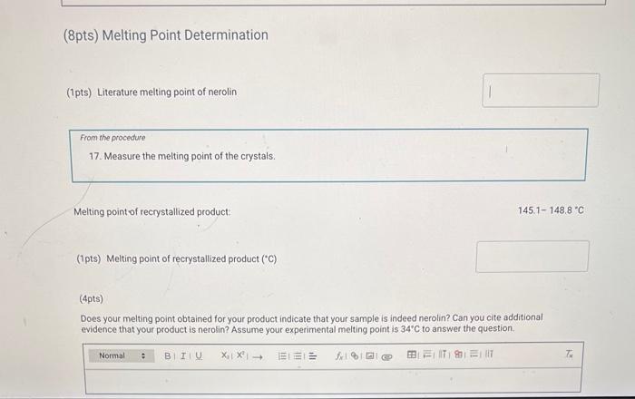 Solved (8pts) Melting Point Determination (1pts) Literature | Chegg.com