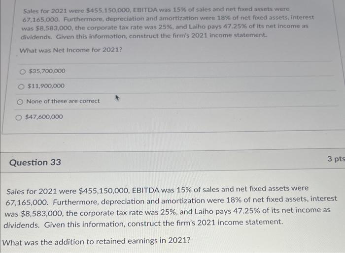 Solved Sales for 2021 were $455,150,000, EBITDA was 15% of | Chegg.com