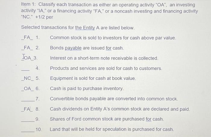 Solved Item 1: Classify each transaction as either an | Chegg.com