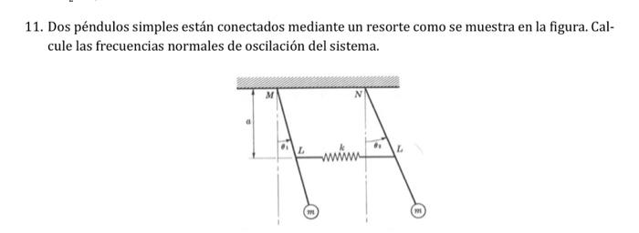 11. Dos péndulos simples están conectados mediante un resorte como se muestra en la figura. Calcule las frecuencias normales