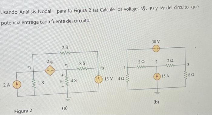 Usando Análisis Nodal para la Figura 2 (a) Calcule los voltajes \( \boldsymbol{v}_{\boldsymbol{l}} \boldsymbol{v}_{2} \) y \(