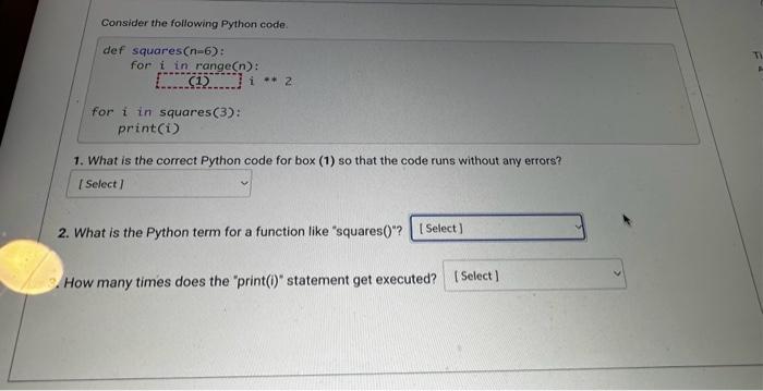 Consider the following Python code: def squares (n−6) | Chegg.com