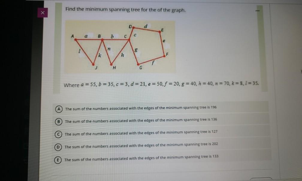 Solved Find the minimum spanning tree for the of the graph. | Chegg.com
