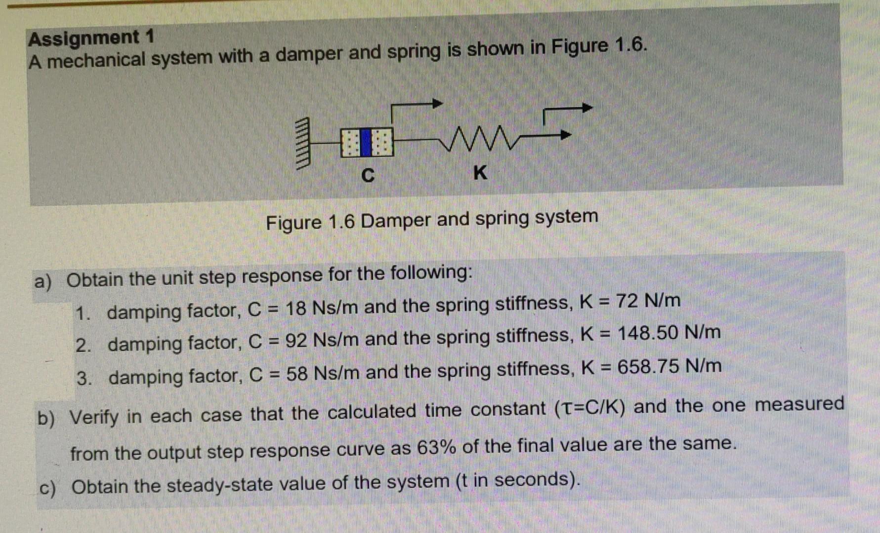 Solved Assignment 1 A mechanical system with a damper and | Chegg.com