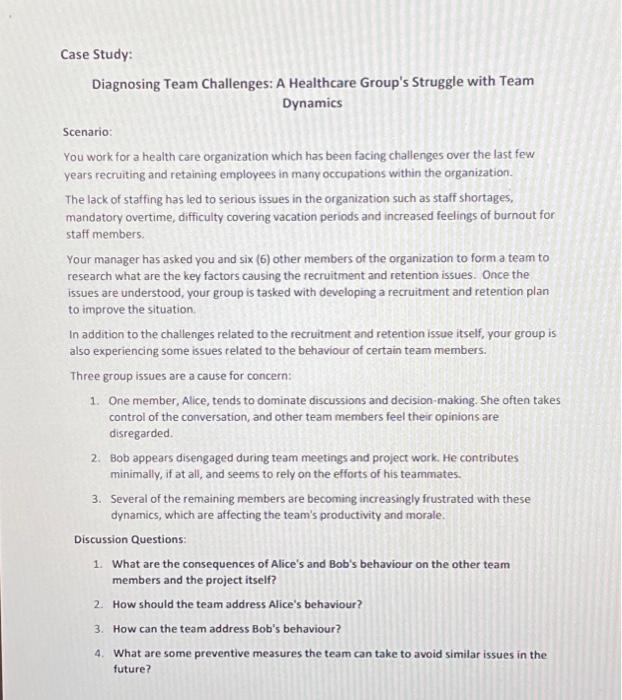 Solved Case Study: Diagnosing Team Challenges: A Healthcare | Chegg.com