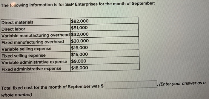 The following information is for S&P Enterprises for the month of September:
Direct materials
$82,000
Direct labor
$51,000
Va