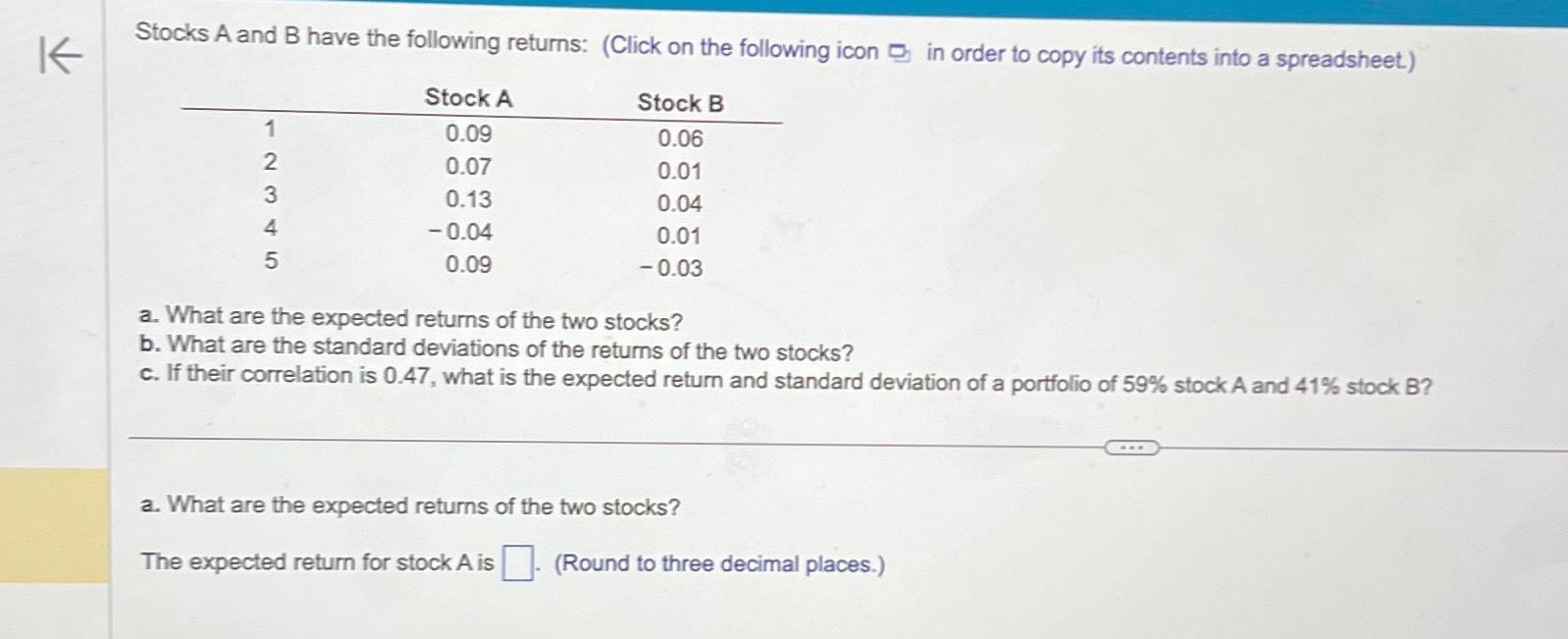 Solved Stocks A And B Have The Following Returns: (Click On | Chegg.com