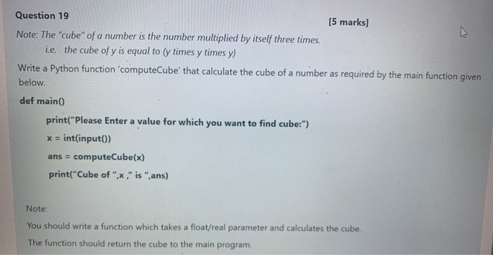 Solved Question 19 (5 marks] Note: The "cube" of a number is | Chegg.com