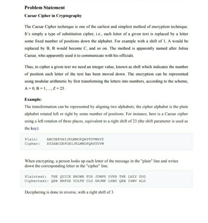 Problem Statement Caesar Cipher in Cryptography The | Chegg.com