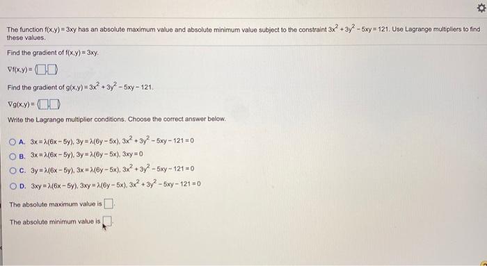 Solved o The function f(x,y)=3xy has an absolute maximum | Chegg.com