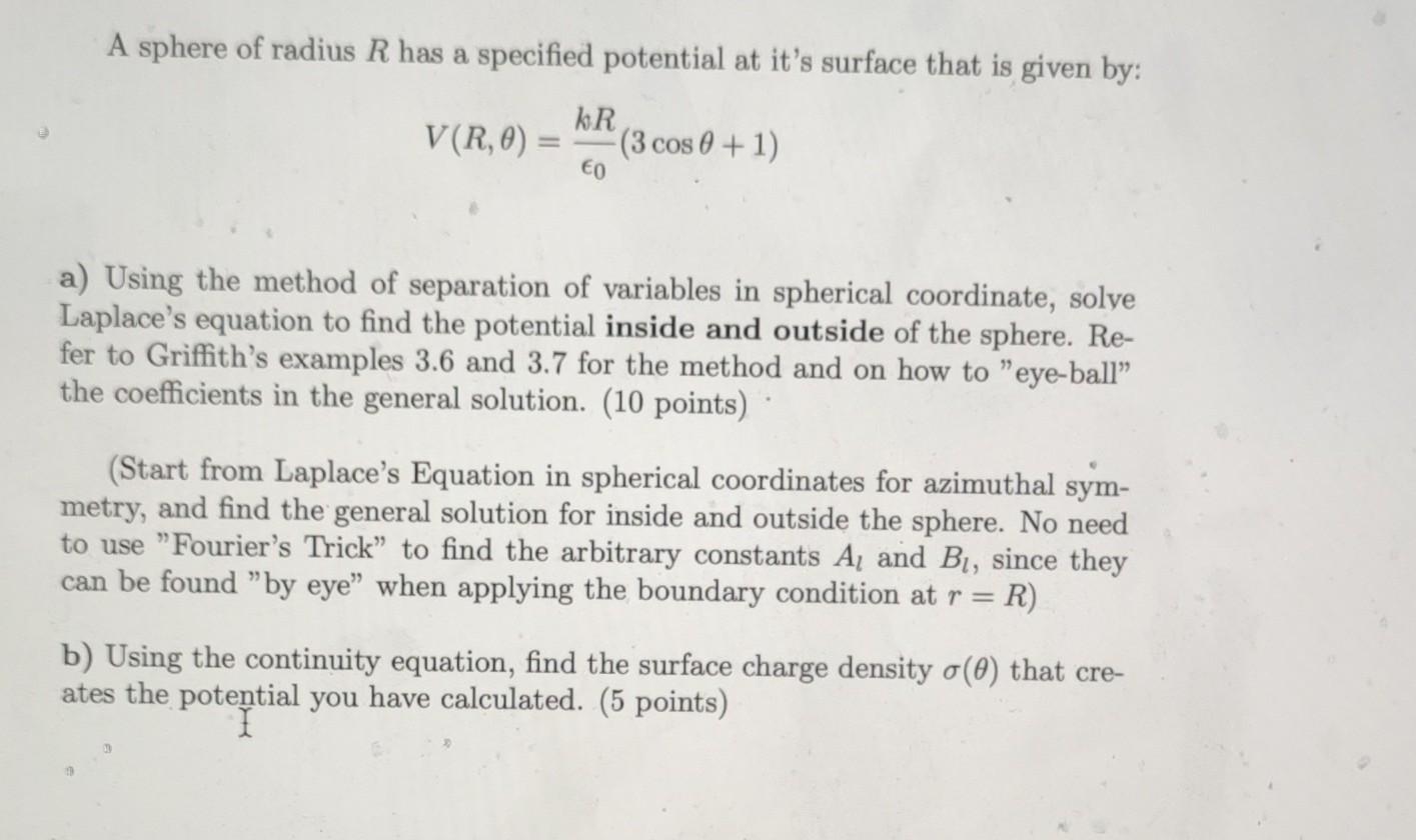 Solved A sphere of radius R has a specified potential at | Chegg.com