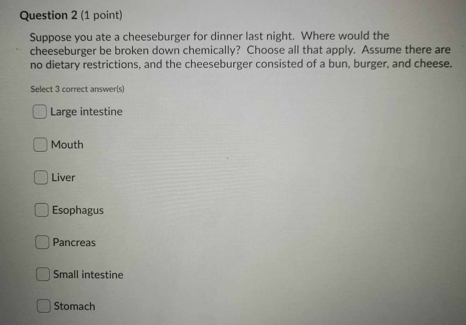 Question 2 (1 point) Suppose you ate a cheeseburger for dinner last night. Where would the cheeseburger be broken down chemic