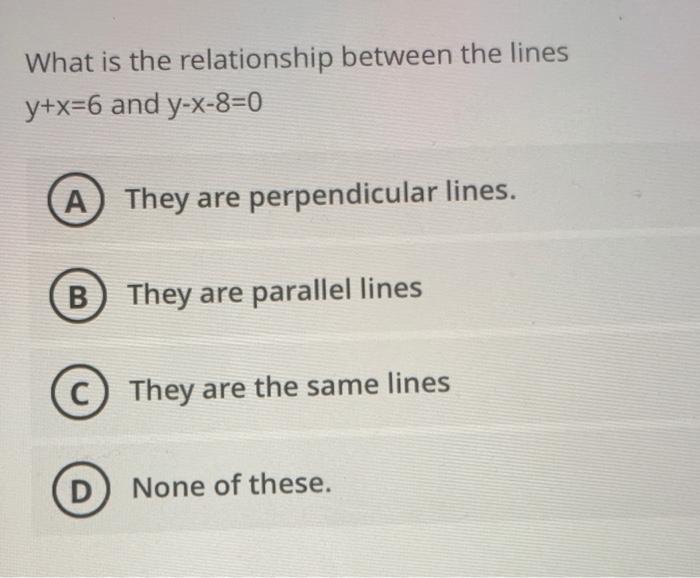 Solved What is the relationship between the lines y+x=6 and | Chegg.com