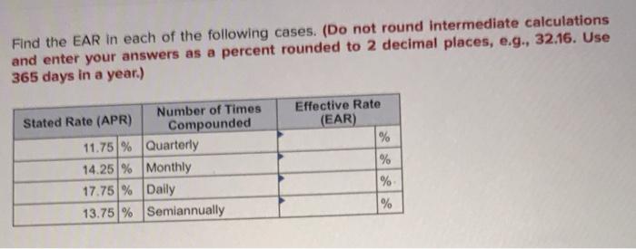 Solved Find the EAR in each of the following cases. (Do not | Chegg.com