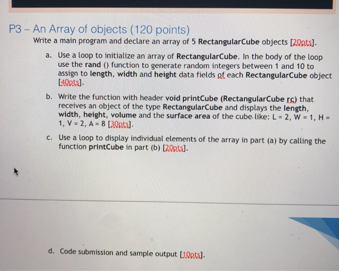 Solved P3 - An Array of objects (120 points) Write a main | Chegg.com