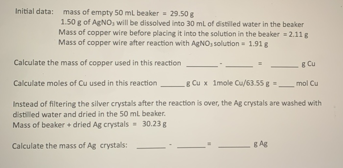 Solved Initial data: mass of empty 50 ml beaker = 29.50 g | Chegg.com