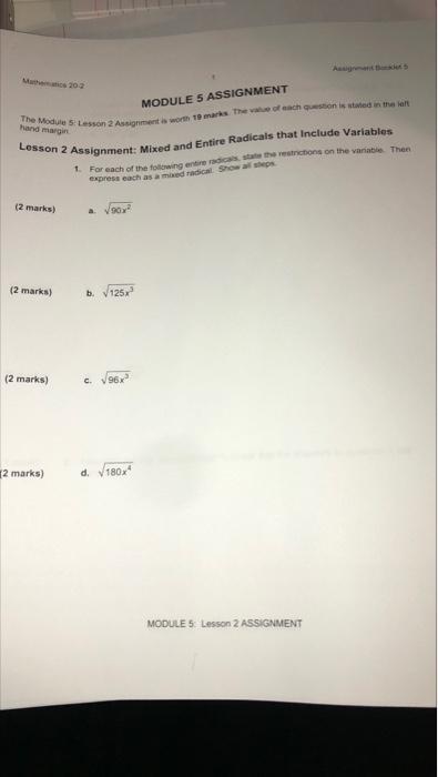 Solved Mathematics 20-2 MODULE 5 ASSIGNMENT The Module 5: | Chegg.com
