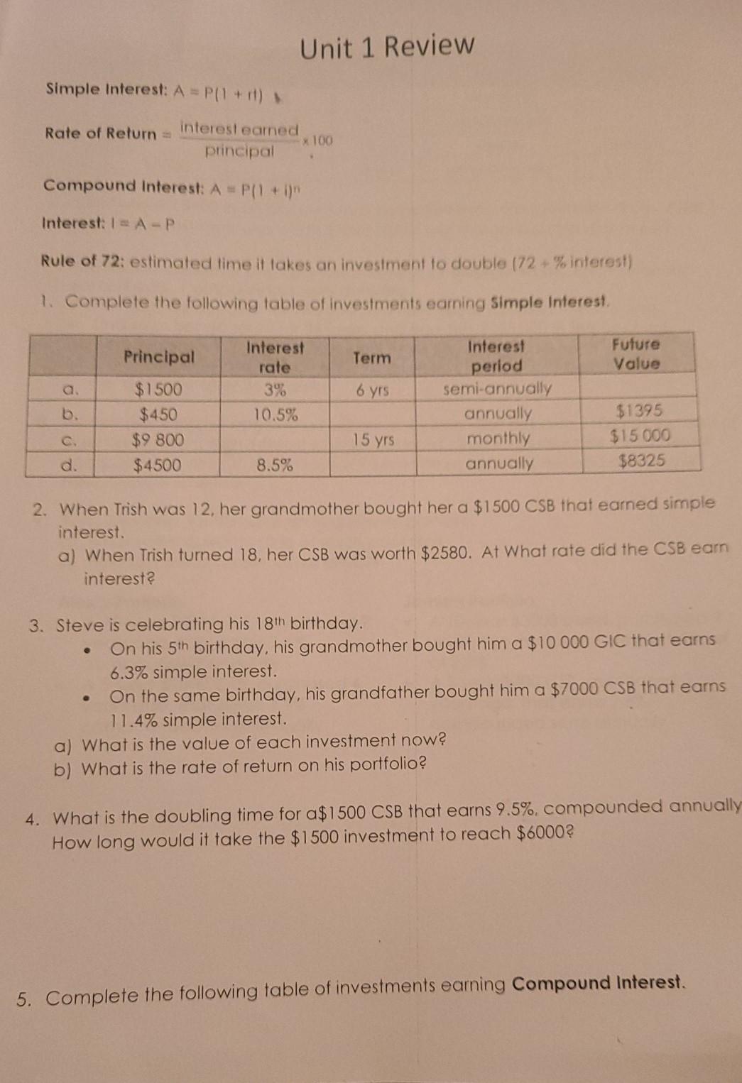 Solved Unit 1 Review Simple interest: A = P(+11) Rate of | Chegg.com