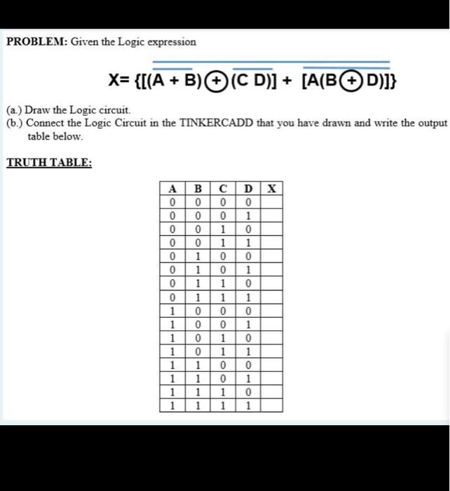 Solved PROBLEM: Given The Logic Expression X= {[(A + B) | Chegg.com