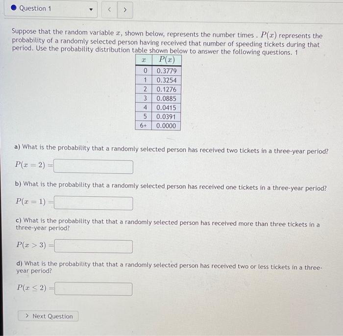 Suppose that the random variable \( x \), shown below, represents the number times. \( P(x) \) represents the probability of