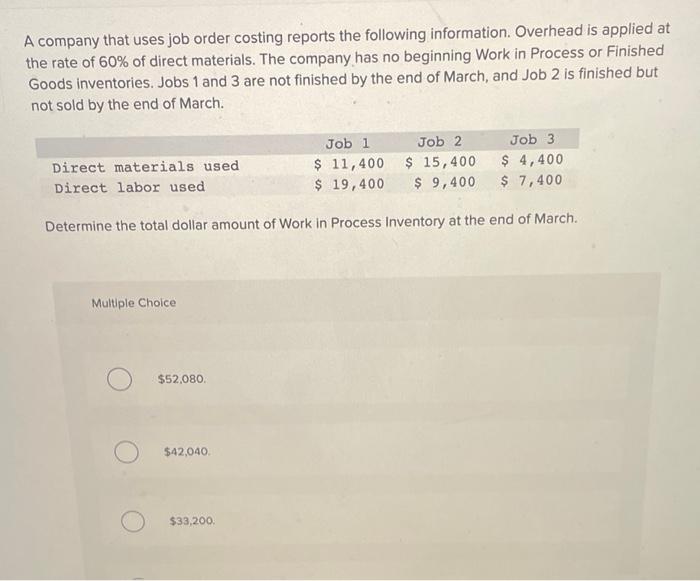 Solved A company that uses job order costing reports the | Chegg.com