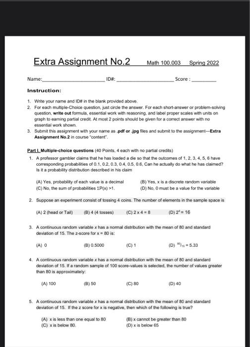 Solved Extra Assignment No.2 Math 100.003 Spring 2022 Name: | Chegg.com
